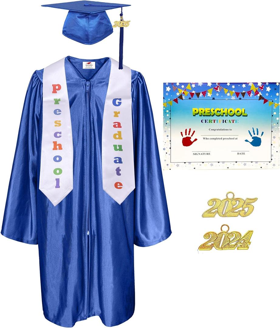 MyGradDay Shiny Kindergarten & Preschool Graduation Gown Cap Tassel 2024 &2025 Charm (Royal Blue)