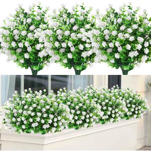GREENRAIN Artificial Flowers Outdoor Fake Flowers for Decoration UV Resistant No Fade Faux Plastic Plants Garden Porch Window Box Dcor (18 Bundles, 4#White)