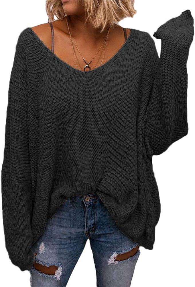 BZB Women's V Neck Long Sleeve Knit Loose Oversized Pullover Sweater Top (XX-Large, Black)