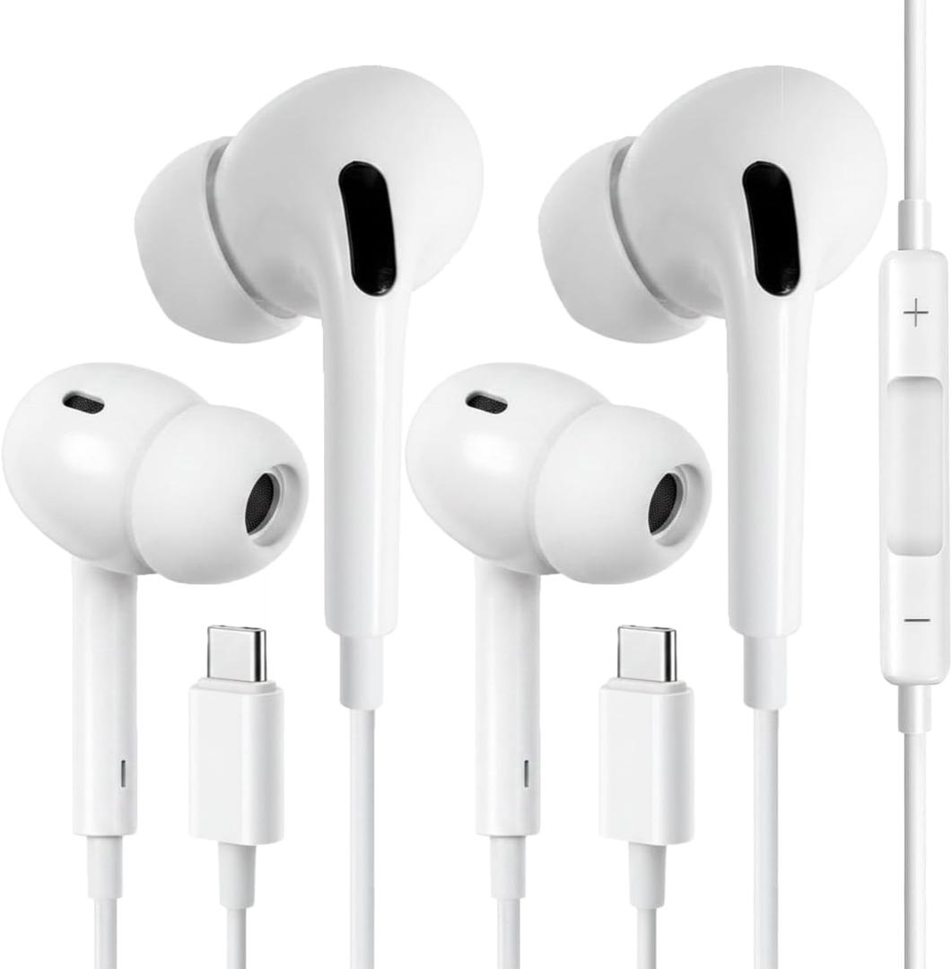 USB C Headphones for iPhone 17 16 Pro Max 16e 16 Plus 16Pro 15 Pro Max 15 Plus 15Pro, USBC Earbuds in-Ear Earphones Wired Type C Ear Buds with Mic Volume Control HiFi Stereo Noise Cancelling - 2Pack