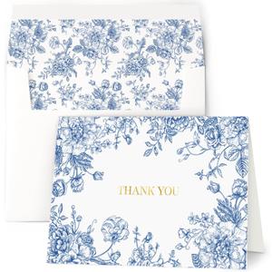 AUDREE 50 Gold Foil Thank You Cards with Envelopes (4x6) - Elegant Blue Floral Thank You Cards with Matching Adhesive Envelopes - Perfect for Wedding, Bridal Showers, Baby Showers, All Occasion