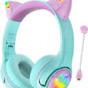 Riwbox CF9 Cat Ear Kids Bluetooth Headphones with LED Light Up,Safe 85dB Volume Limit,Built-in Mic&Boom Mic for Calls,Kids Wireless&Wired Headphones for Tablet/Airplane/School/Online Learning (Green)