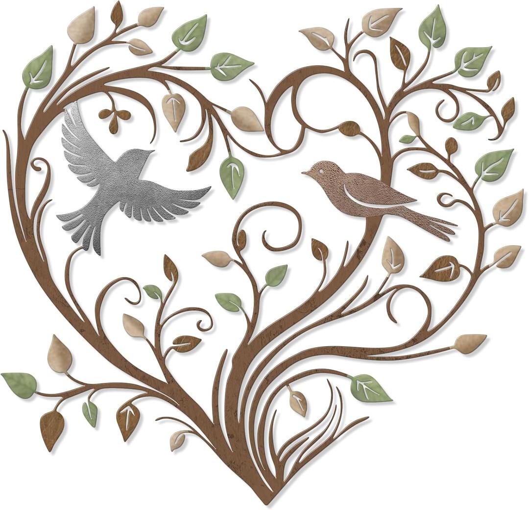 Hnatzu Heart Wall Decor Metal Bird and Tree of Life in Heart Shape Colorful Wall Art Metal Wall Decor for Living Room, Bedroom, Nursery