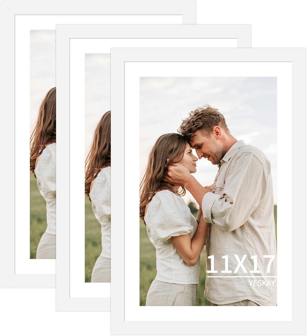 YESKAY 11x17 Picture Frame 3 Pack - White Poster Frame Display Pictures 9x15 with Mat or 11 x 17 Without Mat for Wall Hanging Horizontal and Vertical