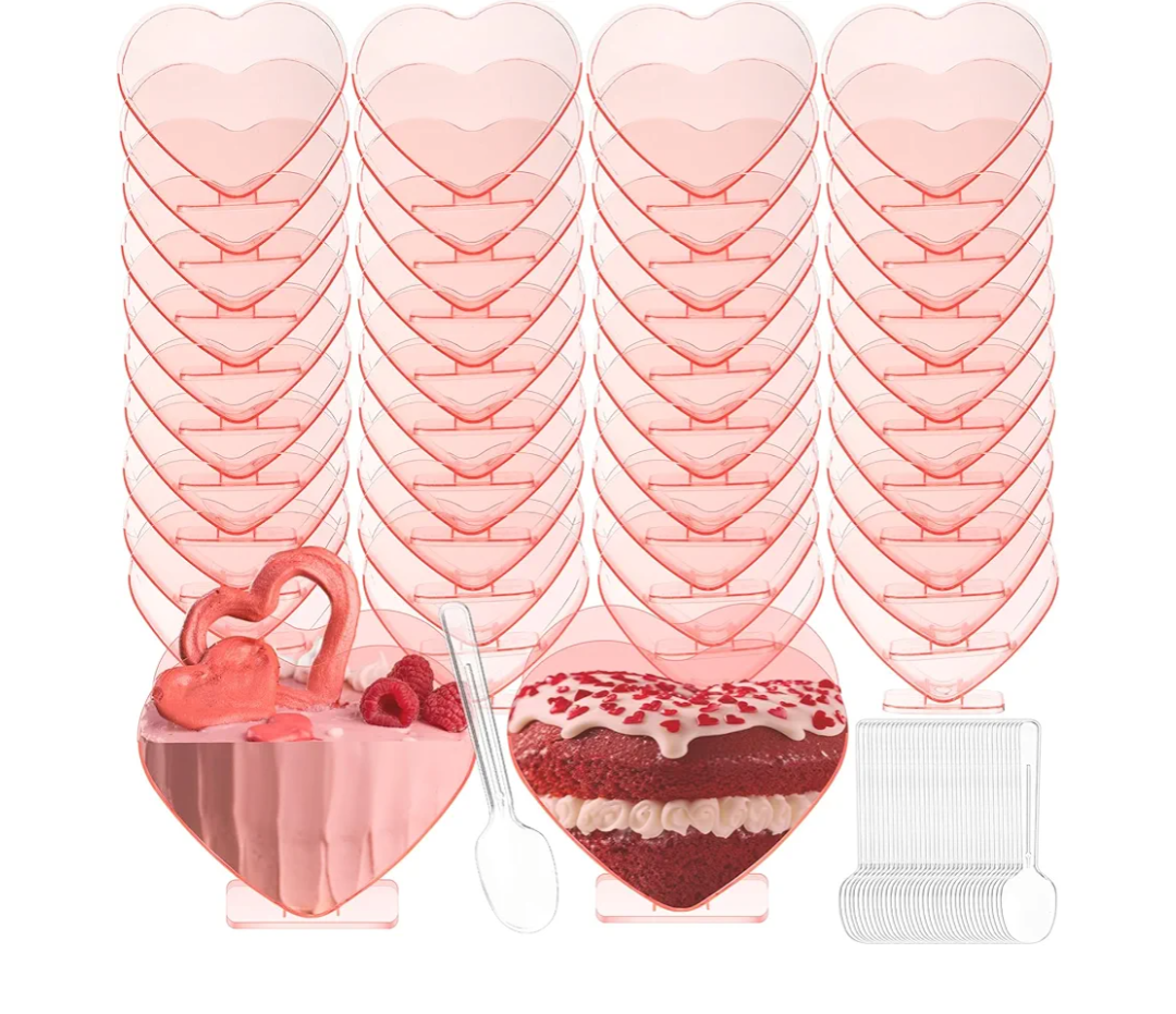 Mini Heart Shaped Dessert Cups with Spoons 2.7 oz Valentine Day Plastic Appetizer Cup Clear Disposable Reusable Heart Shaped Bowl for Valentine Wedding Party Cakes Ice Cream(Pink,100 Set) missing 10 hearts and spoons
