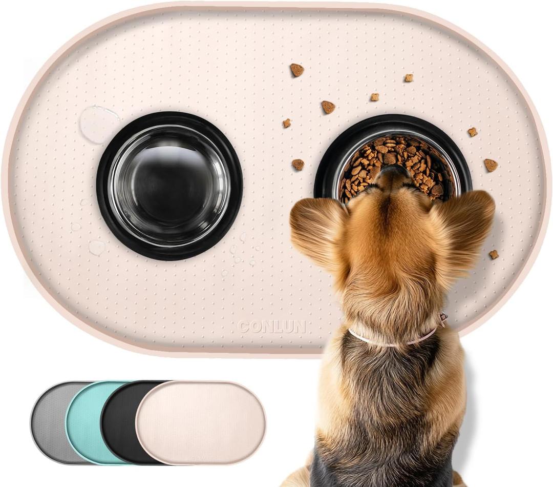 Dog Food Mat,Raised Edges Pet Food Mats for Spill Containment,BPA-Free Silicone Cat Dog Feeding Mat for Floor Waterproof,Rubber Pet Placemats for Food and Water Bowls 1/2 Inch (Natural Tan)