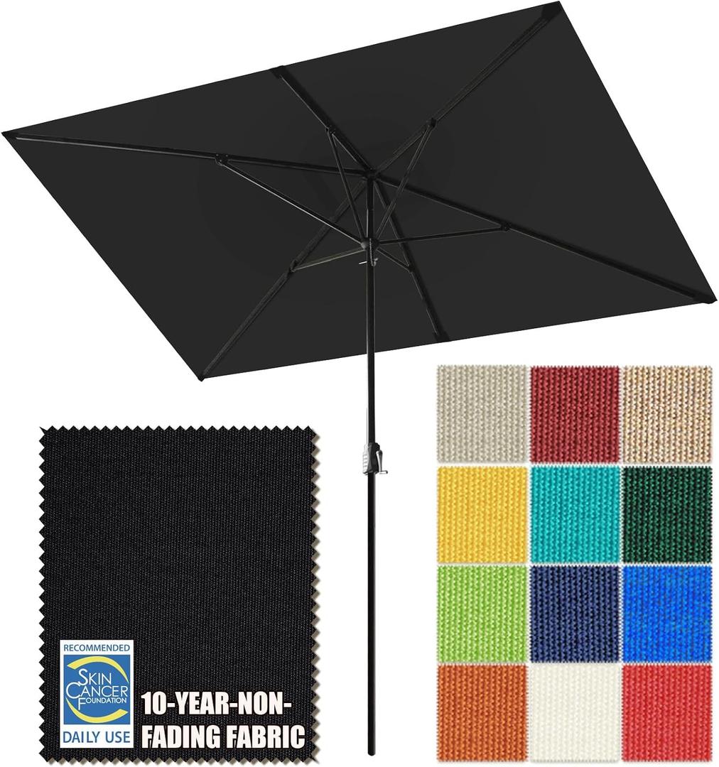 EliteShade USA 10-Year-Non-Fading 6.5x10Ft Rectangular Market Patio Umbrella, UPF 50+ UV Protection Performance Sun Umbrella, Heavy Duty Commercial Grade Outdoor Table Umbrella with Crank, Windproof Vented Top for Garden, Pool, Deck and Outdoor Playsets, Black