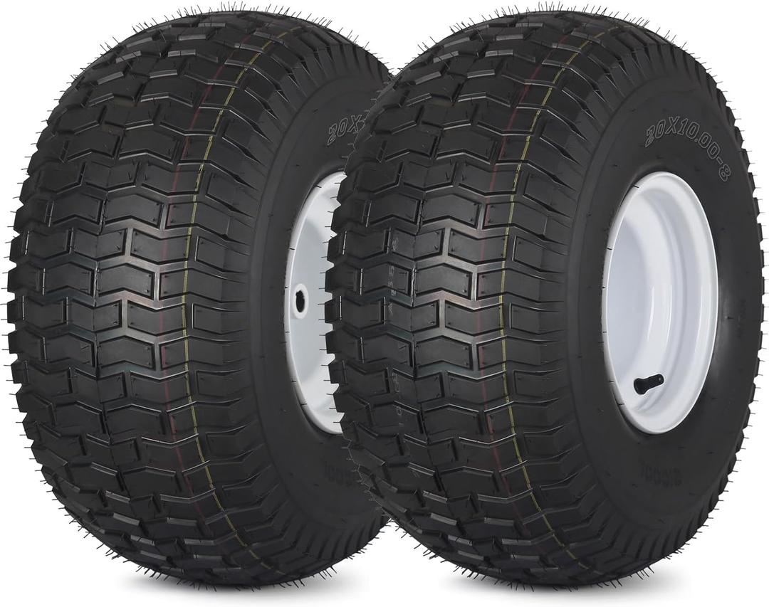 20x10.00-8 Lawn Mower Tire and Wheel, 4 Ply Tubeless Tire, Replacement 20x10-8nhs Riding Lawn Mower and Tractor Rear Tire and Wheel Assemblies, 3.5" Offset Hub, 3/4" Borehole, and 3/16" Keyway