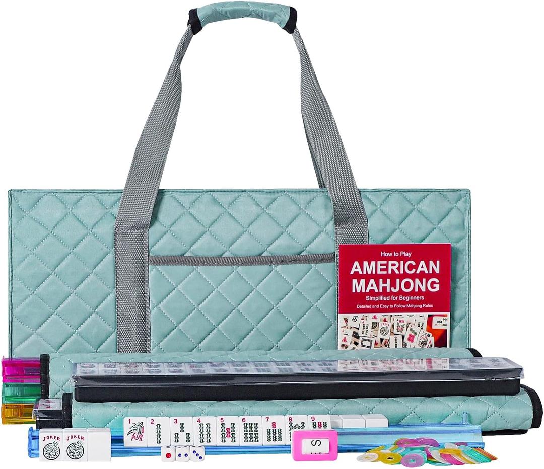 ZGME American Mahjong Set,166 White Tiles with Blue Rectangular Bag and Accessories,4 All-in-One Mahjong Racks with Pushers,Complete Western Mahjong Set, 1.2" 0.9" 0.5"