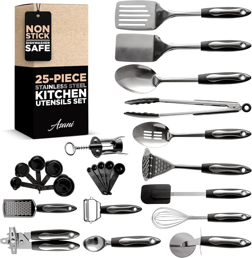 Asani 25-Piece Stainless Steel Kitchen Utensil Set, Non-Stick Cooking Tools