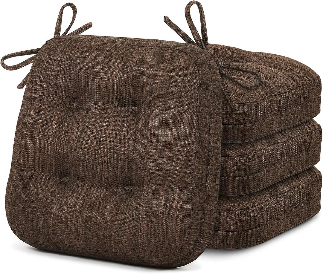 Shinnwa Dining Chair Cushions Set of 2, Dual-Layer Memory Foam Kitchen Chair Cushions, Patented Design Seat Pads with Ties, 16.5 x 16.5 x 3.5in, 4 Pack, Dark Brown