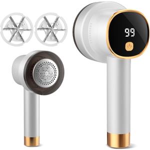 Electric Lint Remover with LED Display, Rechargeable Fabric Shaver, Lint Shaver, 6-Blade, 3-Speed Defuzzer Remove Fuzz, Pills for Clothes, Upholstery, Furniture (White)