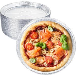 50 Pack 8 Inch Round Foil Pizza Pans, Disposable Aluminum Pizza Pans for Pizzas, Round Pizza Pan Foil Focaccia Pan, Chocolate Cookies Cake Tin, Serving Platter Tray, Freezer & Oven Safe