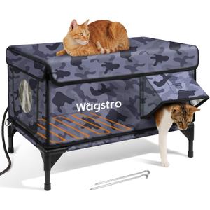 Heated Cat House for Outside, Insulated Weatherproof Heated Outdoor Cat House with Waterproof Eaves & Escape Door, Elevated Outdoor Cat Shelter for Feral Stray Cat (Black Camo, 25.6"x17"x18")