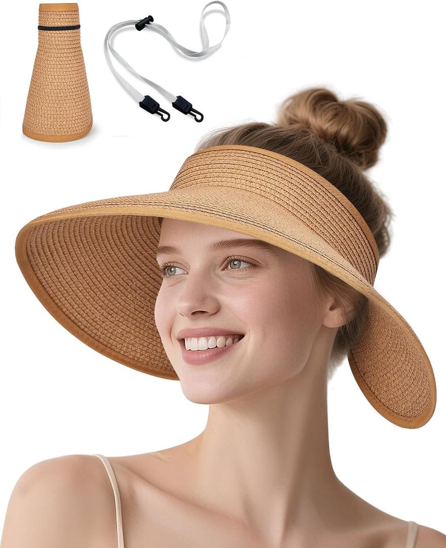 Sun Visor Hat for Women, Wide Brim Straw Visors Beach Hat Roll Up Foldable Beach Visors Summer UV Protection (One Size, Khaki)