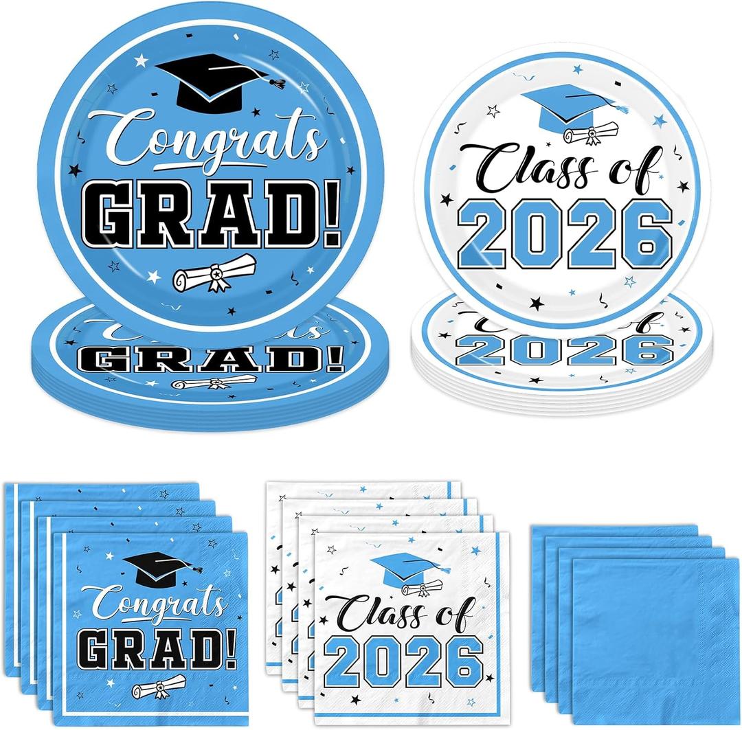 Light Blue Graduation Plates and Napkins Class of 2026 Grad Congrats Party Supplies Disposable Dessert Paper Plates Cocktail Napkins for Sky Blue Graduation Party Decorations,Serve 50