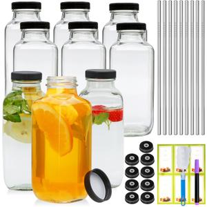 16oz glass bottles with lids,juice bottles gifts for women,glass bottles with lids,glass water bottles. Kit includes Stainless Steels Straws,Two Types of Lids,Stickers,Pen,Cleaning Brush 9pcs