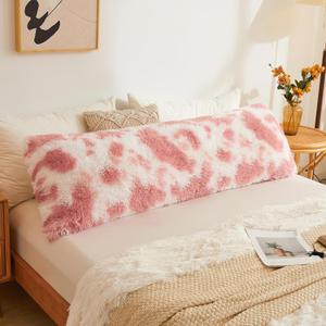 LIFEREVO Cow Print Body Pillow Cover with Zipper Closure,Luxury Soft Shaggy Plush Faux Fur Body Pillowcase 20"x54" for Bed, Long Pillowshams for Adults Women/Mother/Wife(Cow Print Pink and White)