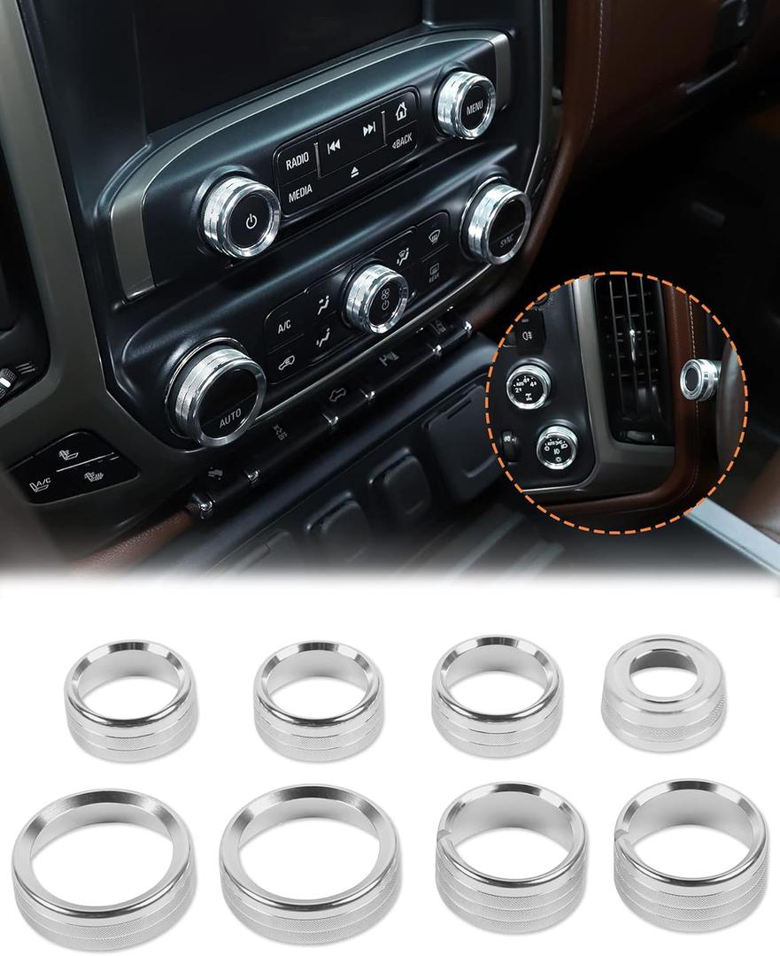JeCar Center Console Switch Button Trim Air Conditioner Control Knob Cover for Chevy Silverado & GMC Sierra 2014-2018, Silver