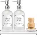 Dish Soap Dispenser Set for Kitchen 16oz Glass Bottle with Stainless Steel Pump, Instant Dry Tray, Perfect for Kitchen Decor and Bathroom Accessories, Womens Gifts for Christmas