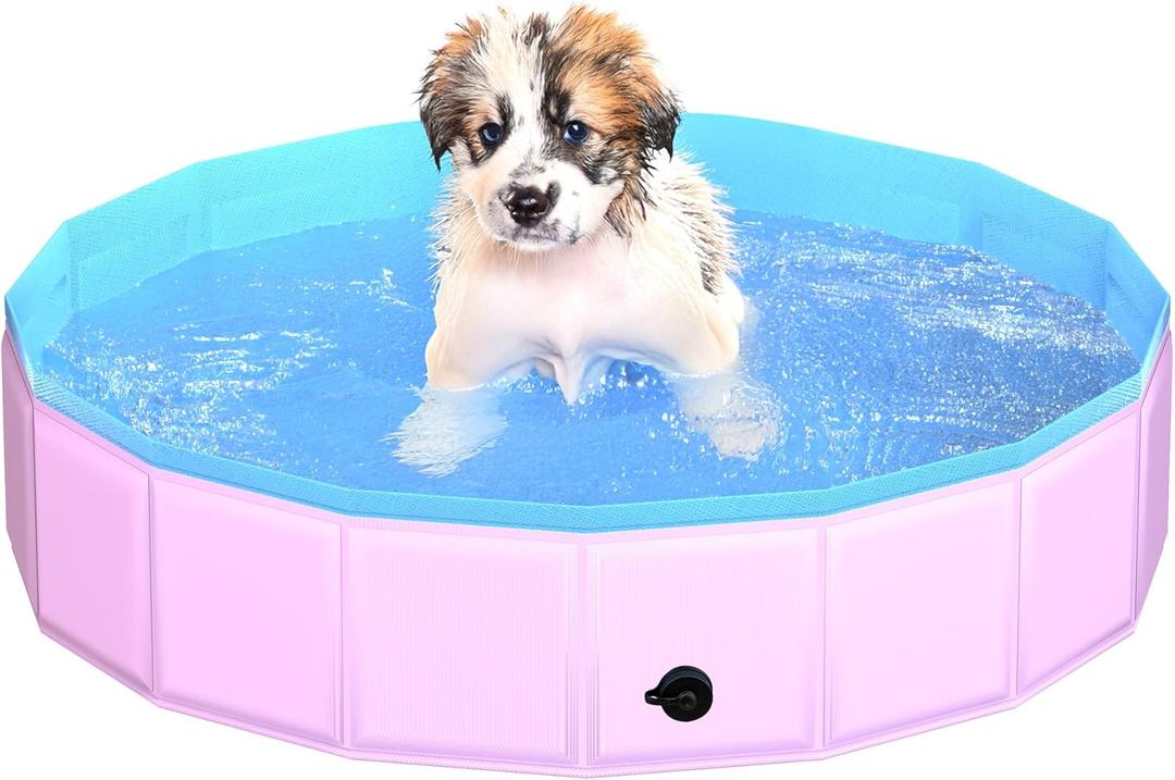 CACSPS 2025 Updated Foldable Dog Pool, 32" x 8" Kiddie Pool with Hard Plastic, Non-Slip Dog Bath Tub for Outdoor Backyard, Collapsible Dog Swimming Pool for Kids Dogs Pets (Pink) 