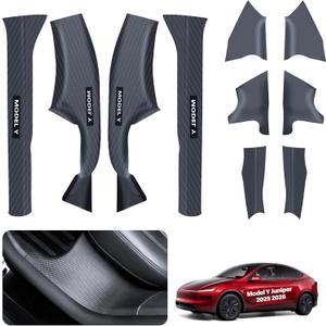 10PCS for Tesla Door Sill Protector Model Y Juniper Interior Accessories 2025-2026 Carbon Fiber Door Pedal Kick Protection Strip Guards Plate Cover ABS Front Rear Door Sill Scuff Edge Entry