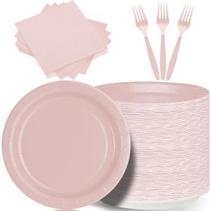 CENLBJ 150 Pcs Pink Paper Plates and Napkins and Forks,50 Guest Disposable Party Supplies Include Plates Napkins Plastic Forks for Baby Shower,Birthday,Bridal,Wedding