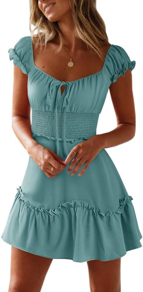 YOBECHO Womens Summer Ruffle Sleeve Sweetheart Neckline Printing Dress Mini Dresses, Size Small