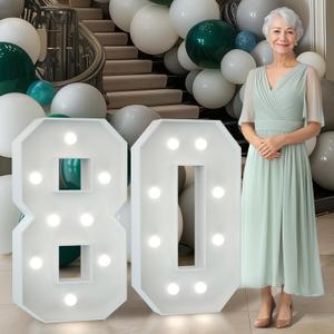 Imprsv Marquee Numbers 3 Feet Tall: Large 80th Birthday Decorations 3FT Light Up Numbers White Anniversary Party Decor Big Backdrop Foam Cardboard Number 80