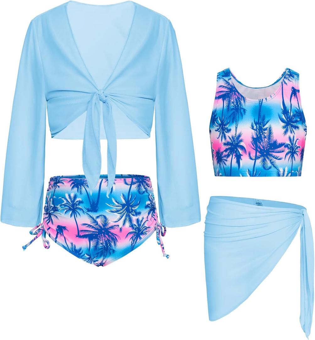 GRACE KARIN Girls Bathing Suit Adjustable Taniki Swimsuit Tie Front 4 Piece Bikini Set with Kimono Cover Up 6-14