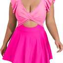 B2prity Women's Plus Size Swimsuit Tummy Control One Piece Swimdress Ruffle V Neck Cutout Wrap Bathing Suit with Skirt (X-Large, Pink Color Block)