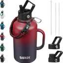 BJPKPK Half Gallon Insulated Water Bottles with Straw Lid & Side Handle, 64oz Large, Stainless Steel Water Bottles with 3 Lids and Paracord Strap, Metal Water Jug,Charming Red