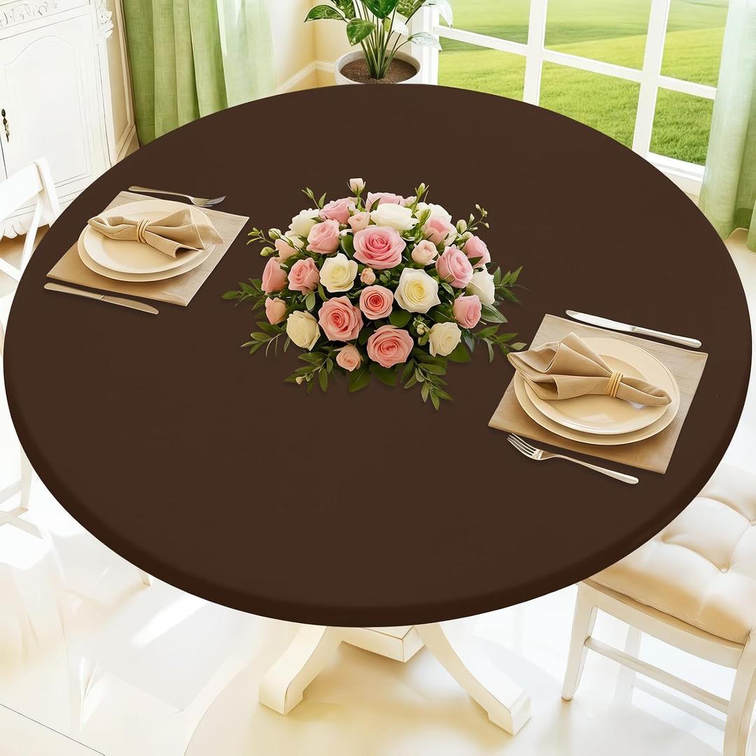 Moosfor Round Spandex Tablecloth, Elastic Fitted Waterproof Tablecloths for 31"-35" Tables, Stretch Washable Picnic Table Cover for Camping, Dining, Indoor and Outdoor, Coffee, For Up to 31"-35" Round