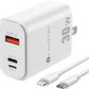 30W Fast Charger Block, LAUDTEC Wall Charger with 3 Ports PD QC Power Delivery Fast Type C Charging Block, Power Adapter for All Type C & iOS Devices with One Cable