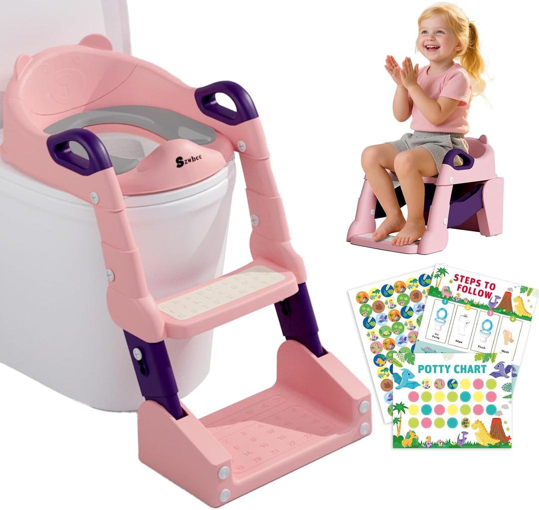 3-in-1 Potty Training Toilet, Toddler Toilet Seat with Step Stool, Foldable Potty Ladder with Potty Chart, PU Cushion, Splash Guard, Anti-Slip Steps & Urinal for Girls & Boys, Pink & Purple 