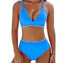 BMJL Women's Bikini Sets V Neck High Waisted Swimsuit Shell Stitched Cheeky Two Piece Bathing Suits(M,Blue)
