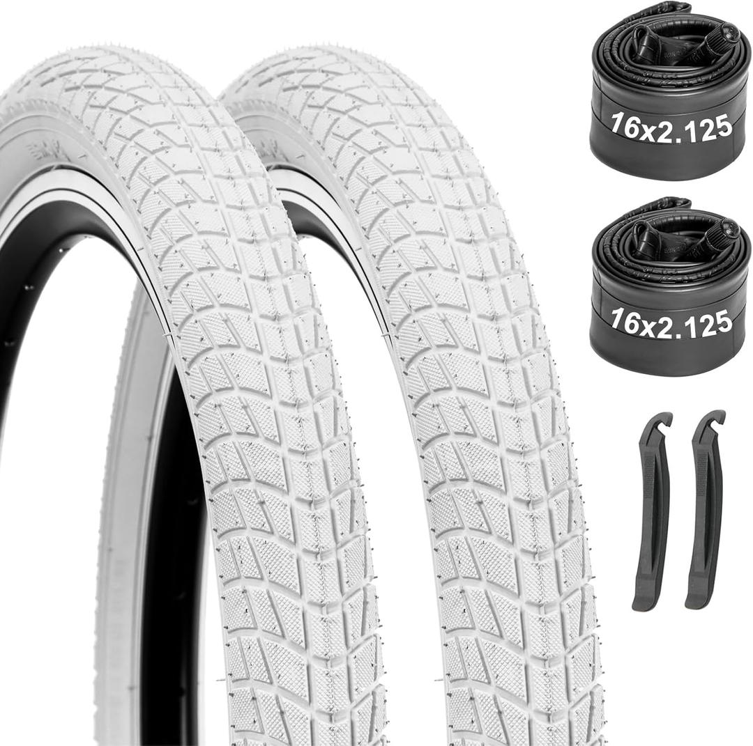 Bike Tires 16x2.125/20x2.125 2-Pack with Tubes & Levers - Compatible with Kids Bike, BMX, MTB, Mountain Bicycle - Camo Design, Thick Rubber, Puncture Protection, Replacement Tires & Inner Tubes (WHITE)