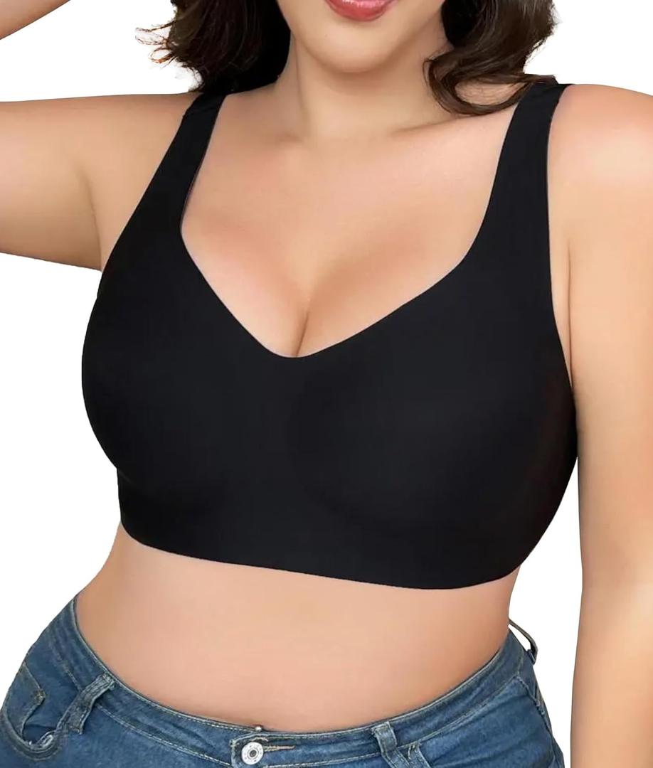 SHAPERX Bras for Women No Underwire Seamless Oversized Everyday Bra Comfort Wireless Padded Soft Support Bralette (Large, Black)
