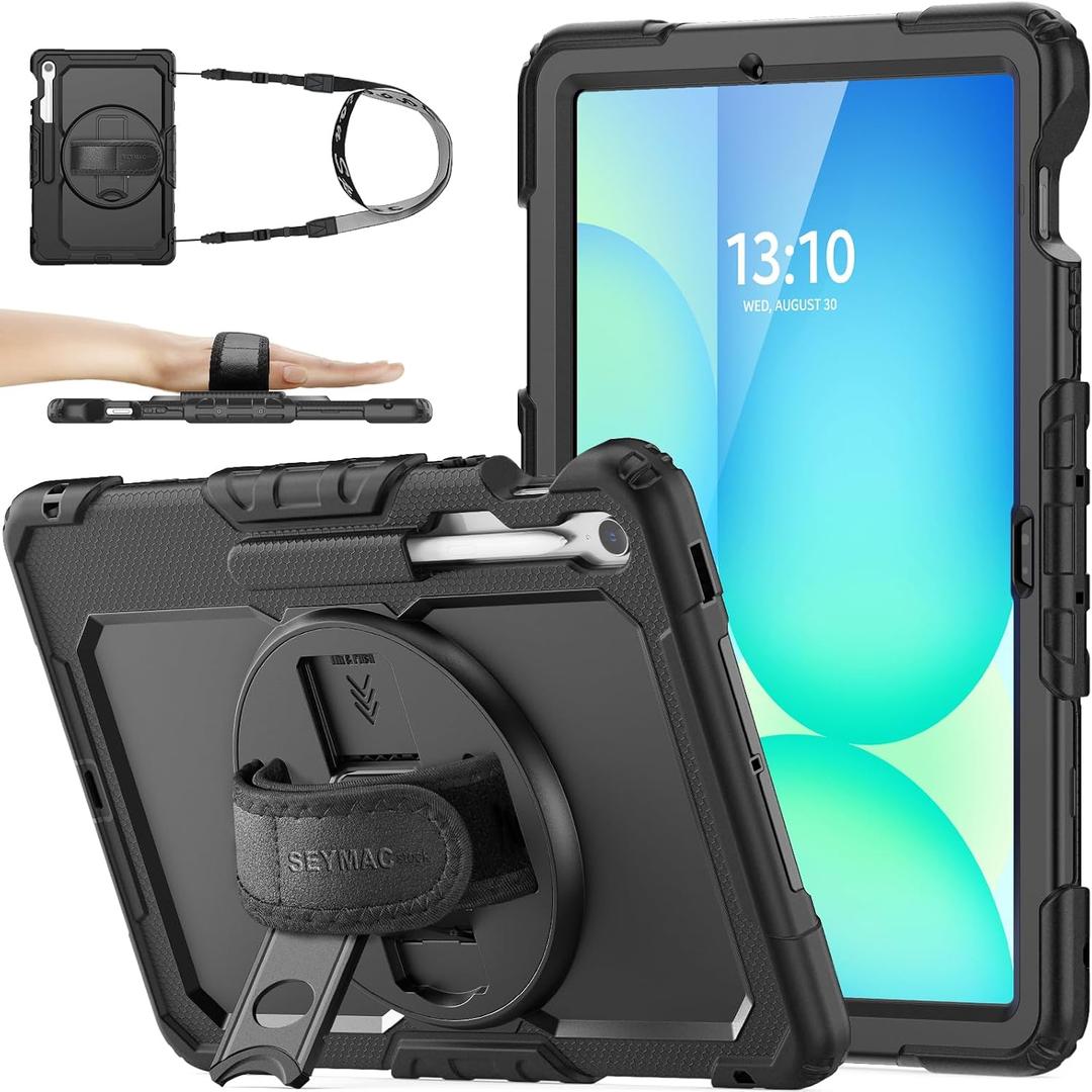 SEYMAC stock Case for Samsung Galaxy Tab S10 FE+ Plus 5G Tablet Case 13.1'' Protective with Screen Protector, Pen Holder, 360 Rotate Stand, Hand Strap, Shoulder Strap, Black1