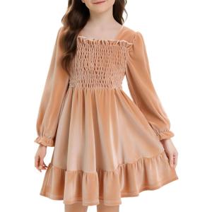 Girls Long Sleeve Dress Velvet Square Neck Midi Fall Winter Long Sleeve Vintage Plain Dress 4-12Y (9-10 Years, Beige)