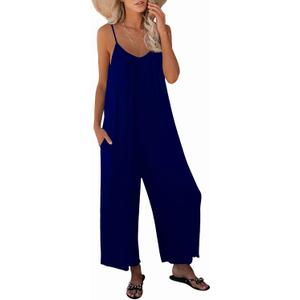 Womens Summer Casual Sleeveless Jumpsuit Loose Adjustable Spaghetti Strap Jumpsuits with Pockets 2025 Clothes (Medium, Dark Blue)