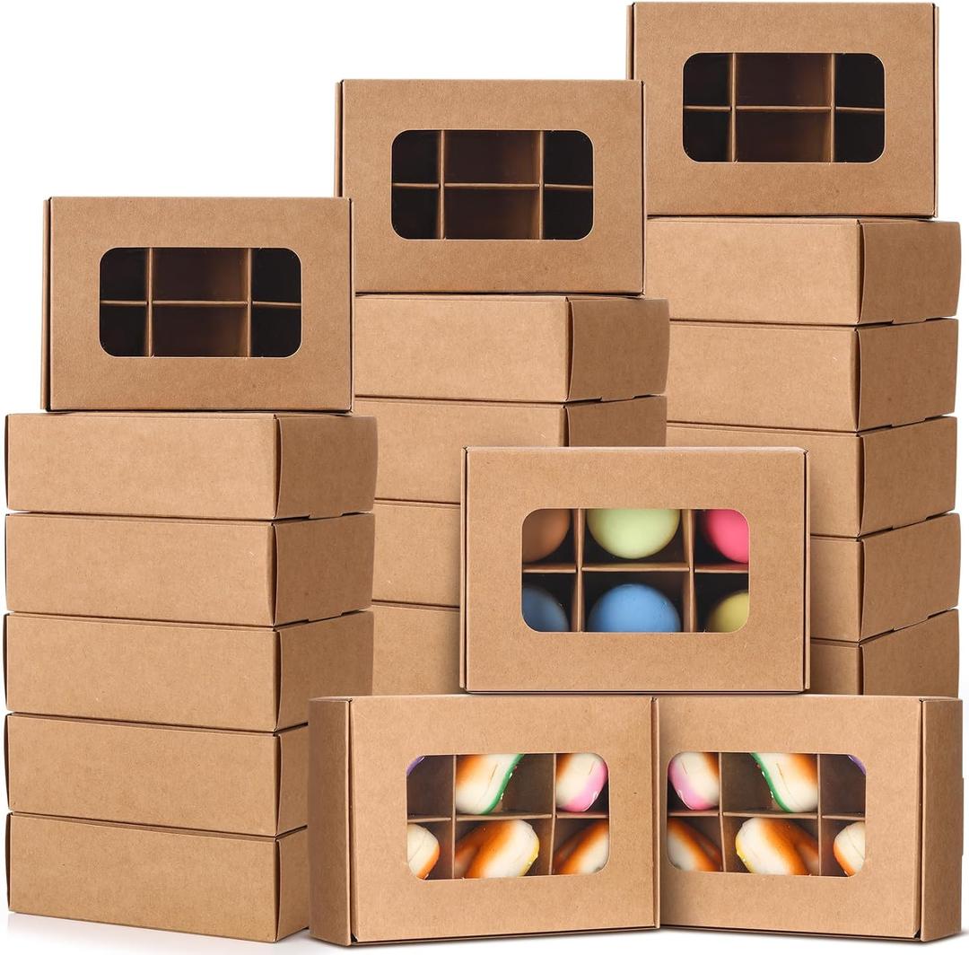 50 Pcs Kraft Treat Boxes with Window and Dividers, Empty Candy Truffle Baking Boxes, Square Cupcake Cookies Containers for Wedding Gift Giving (5 x 3.54 x 1.57 Inches,Brown)