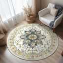 BESTSWEETIE 4ft Area Rug Washable Rugs for Living Room, No Pile Boho Carpet for Entryway Bedroom Dinning Room, Vintage Carpet Print Distressed Non-Slip, 48" Round, Grey Brown