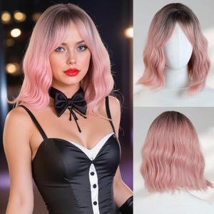 Ombre Pink Bob Wig for Women for Halloween Short with bangs Synthetic Hair,Heat Resistant,Natural Looking - Perfect for Halloween Cosplay, Costume Parties & Themed Events12inch