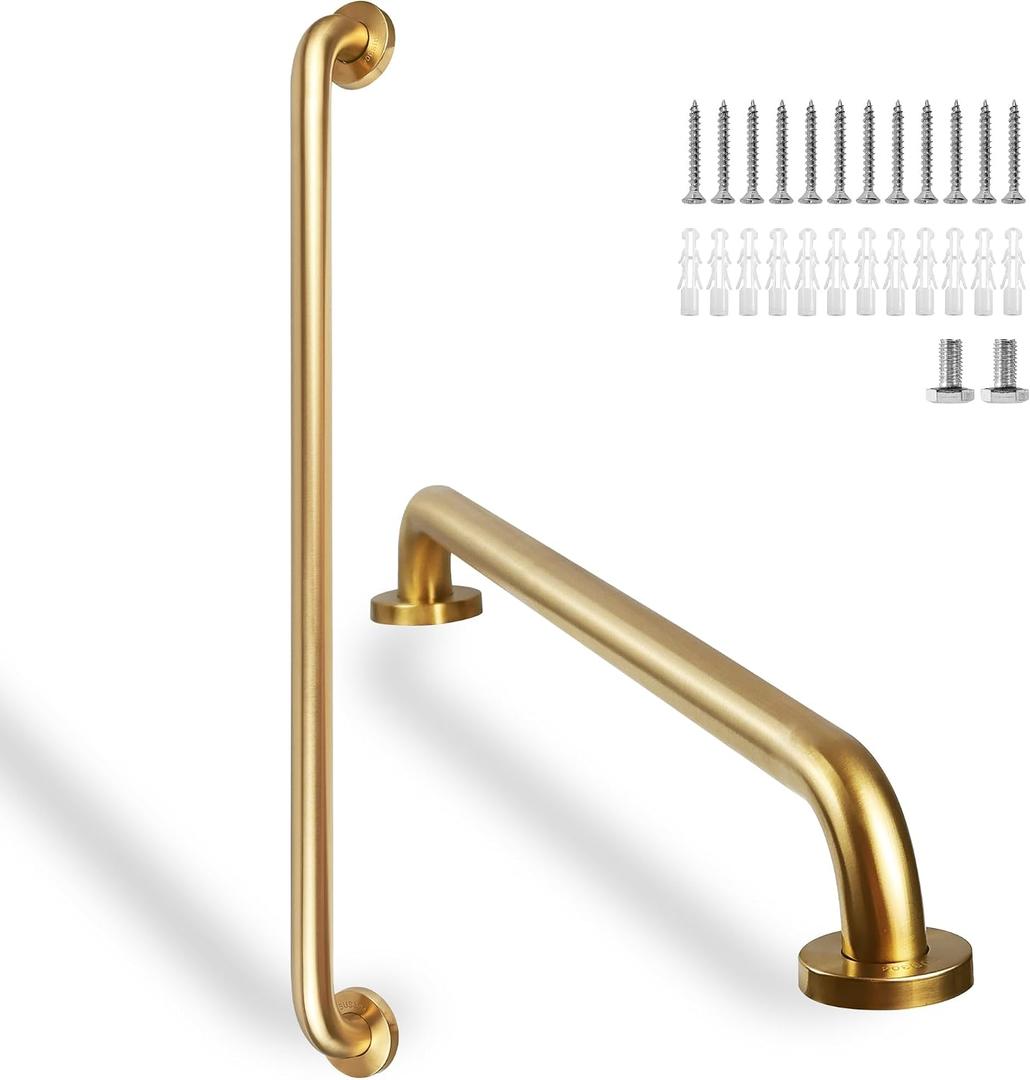 Shower Grab Bar, 2 Pack 32 Inch Gold Bathroom Safety Bar, 1.25" Diameter 304 Stainless Steel Grab Bars for Bathtubs and Showers, Handicap Shower Grab Bar for Seniors Elderly