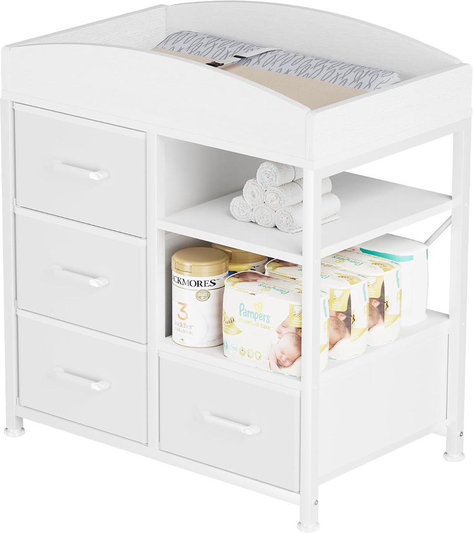 Homeiju Baby Changing Table with 4 Drawers and 2 Shelves - Baby Dresser with Changing Table Top Diaper Changing Station with Storage for Nursery Modern, White