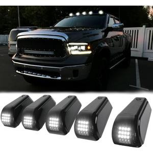 5PCS Solar Cab Lights White Wireless No Drill Car Roof Top Marker 12 LED Warning Light Smoke Lens IP67 Waterproof Truck Roof Light Compatible with Pickups Trucks Ford Dodge Ram GMC Toyota SUV