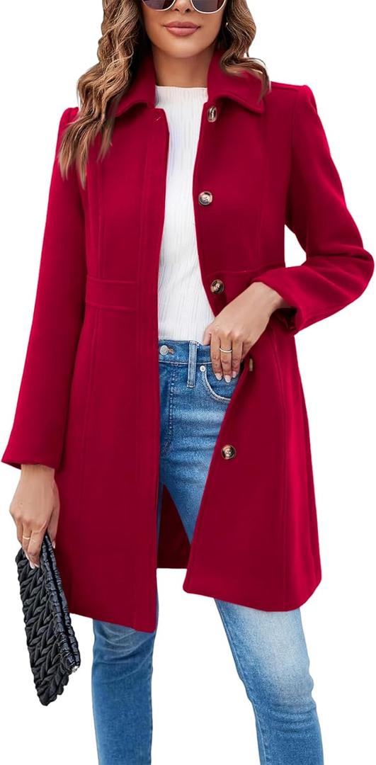 Fisoew Women's Elegant Single Breasted Coat Long Sleeve Mid Winter Overcoat Work Office Pea Coats (Medium, Red)