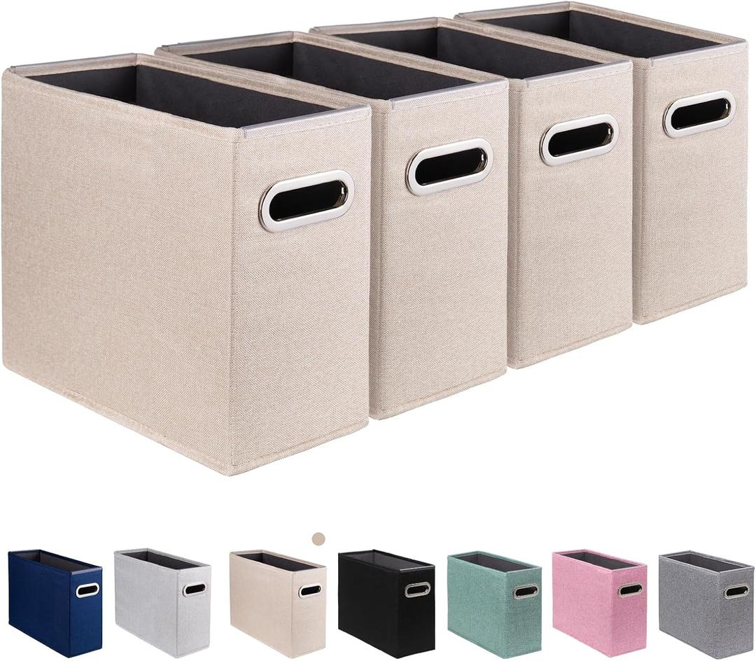 4 Pack Letter Size File Storage Box Collapsible, Fabric Hanging File Folders Organizer, Portable Office Document Holder with Metal Handle, Smooth PVC Rails, Beige