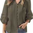 BTFBM Summer Tops for Women 2026 Eyelet Top 3/4 Length Sleeve Dressy Casual Blouses Spring Boho Button Down Shirts (Green, L)